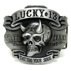 Tattoo skull Lucky 13 duża klamra stare srebro (id: 2564)